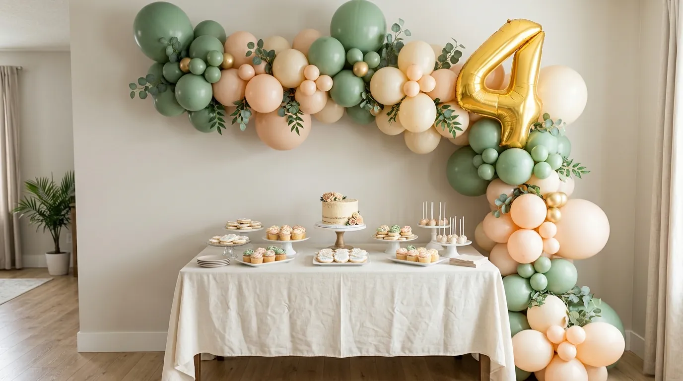 Fourth birthday balloon garland in three coordinated colors above a dessert table