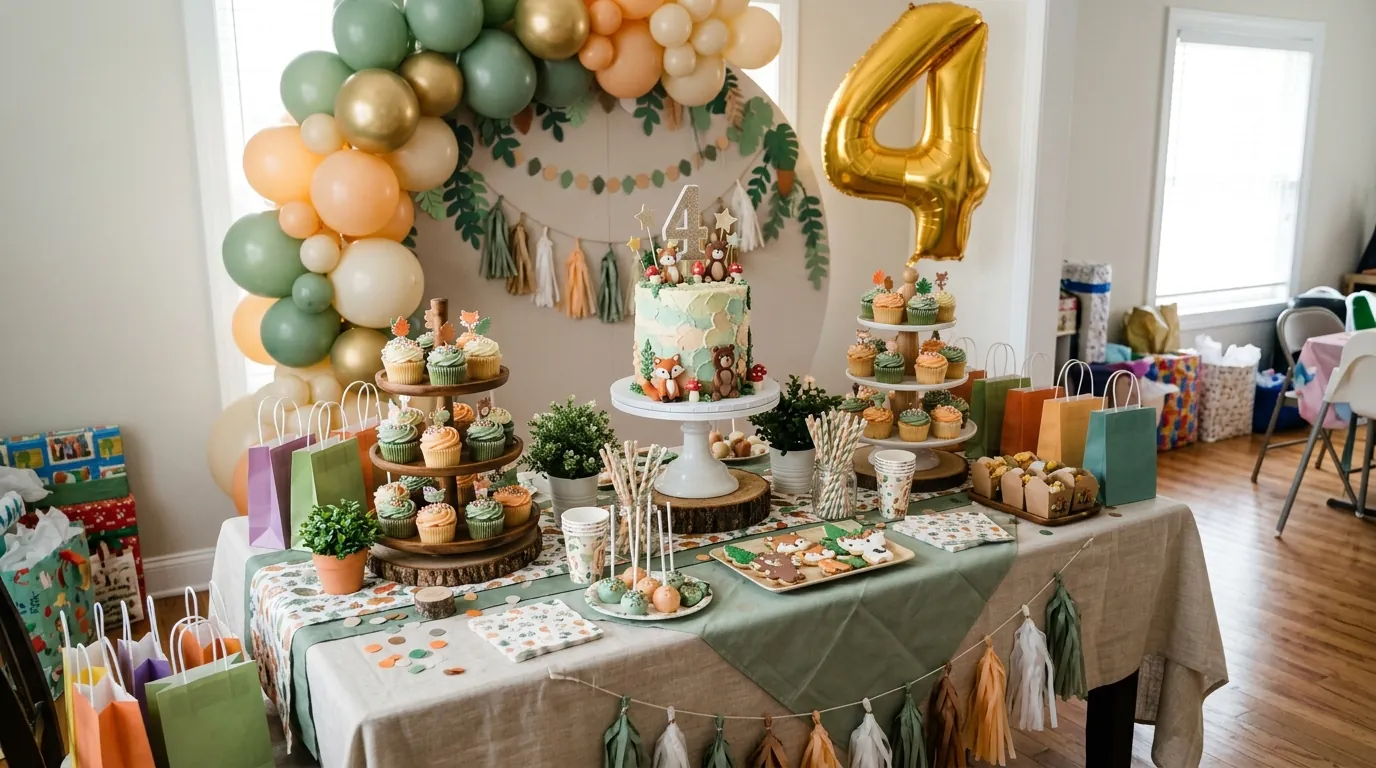Fourth birthday cake table with a cake stand, cupcakes and themed accents