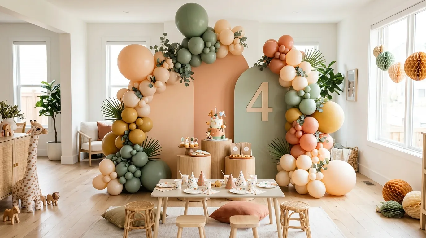 Fourth birthday decoration ideas with a coordinated palette and tasteful balloon display