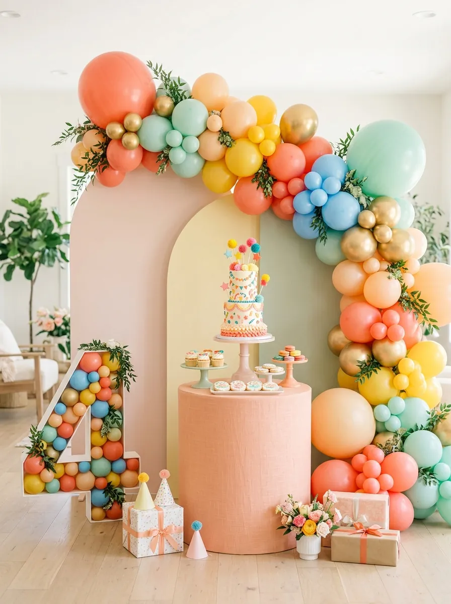 Fourth birthday decoration ideas with a balloon garland and cake table
