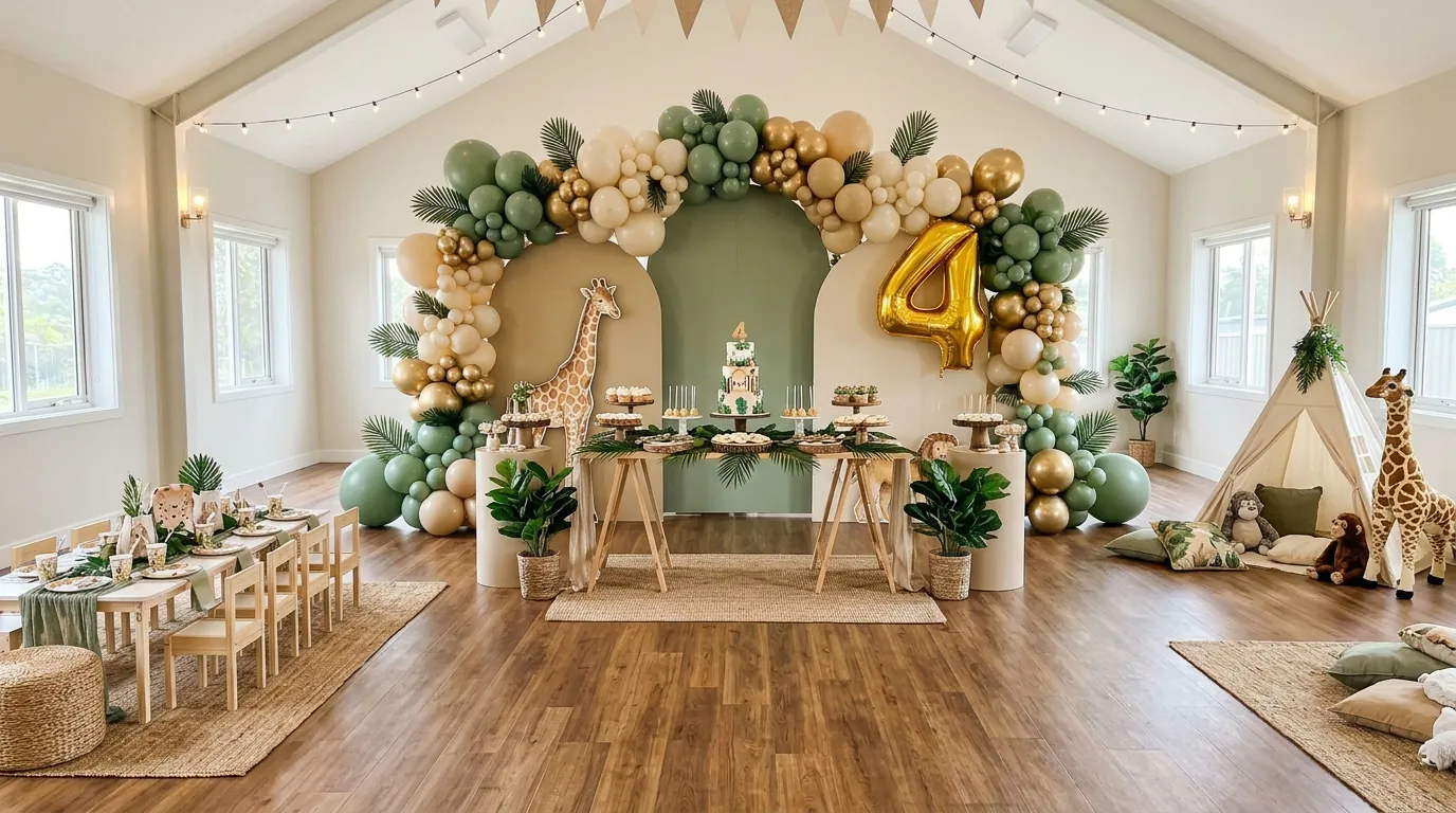 Full-room view of a coordinated fourth birthday celebration with backdrop and dessert table