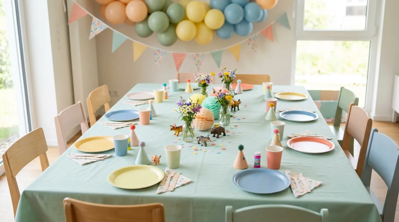 Fourth birthday guest table with a low centerpiece, plates and napkins