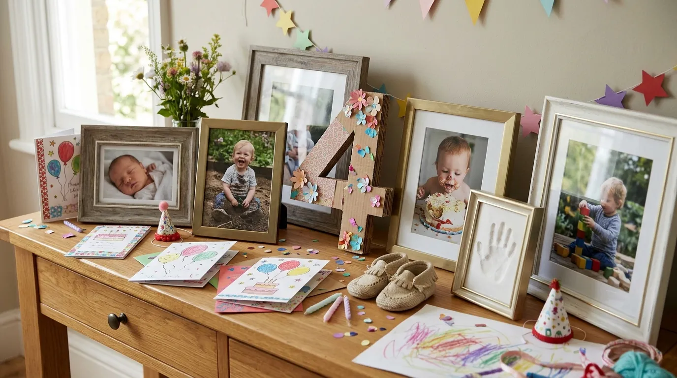 Personalized fourth birthday memory display with framed photos and keepsake cards