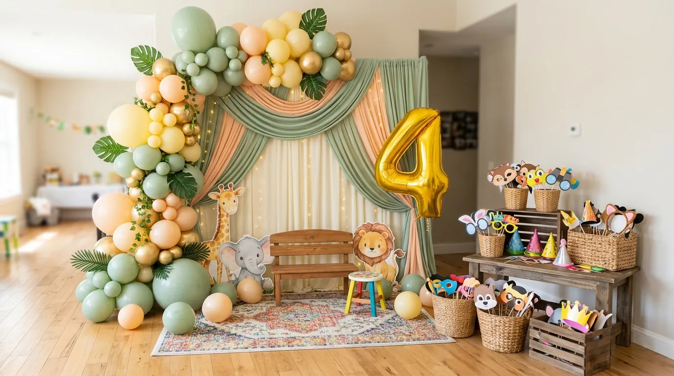 Fourth birthday photo booth with a backdrop, playful props and soft lighting