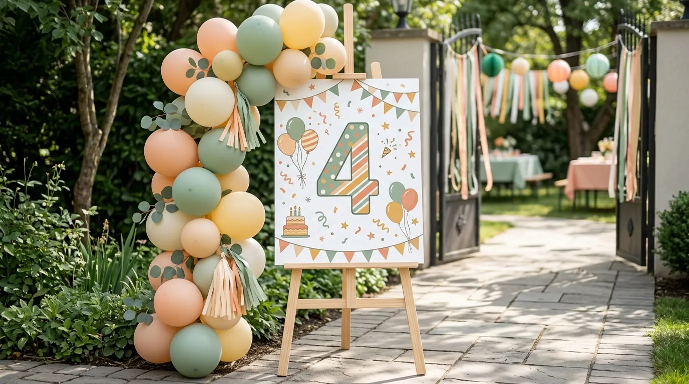 Welcome sign on an easel at a fourth birthday party entrance