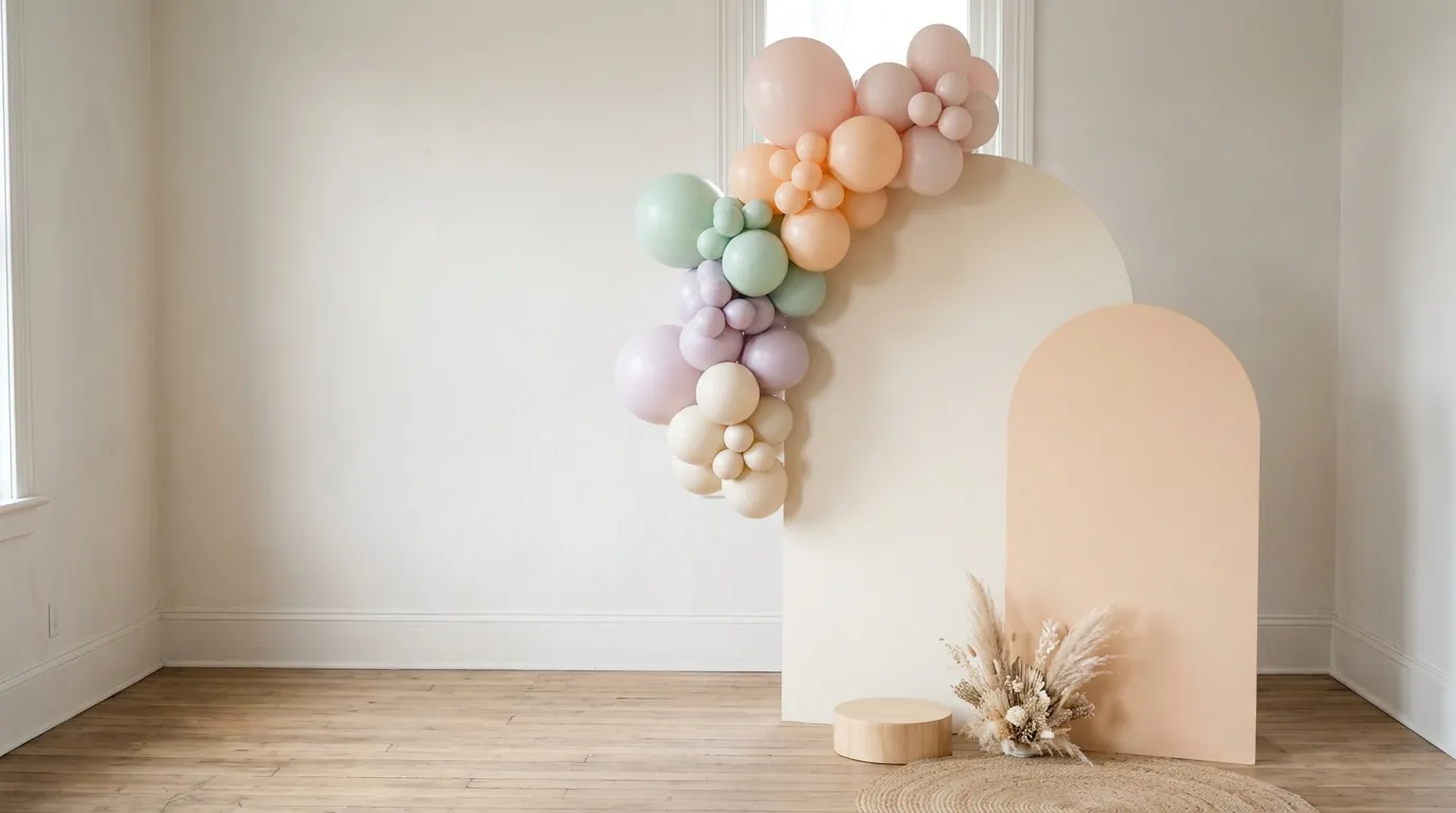 Small balloon cluster in pastel shades beside a milestone backdrop