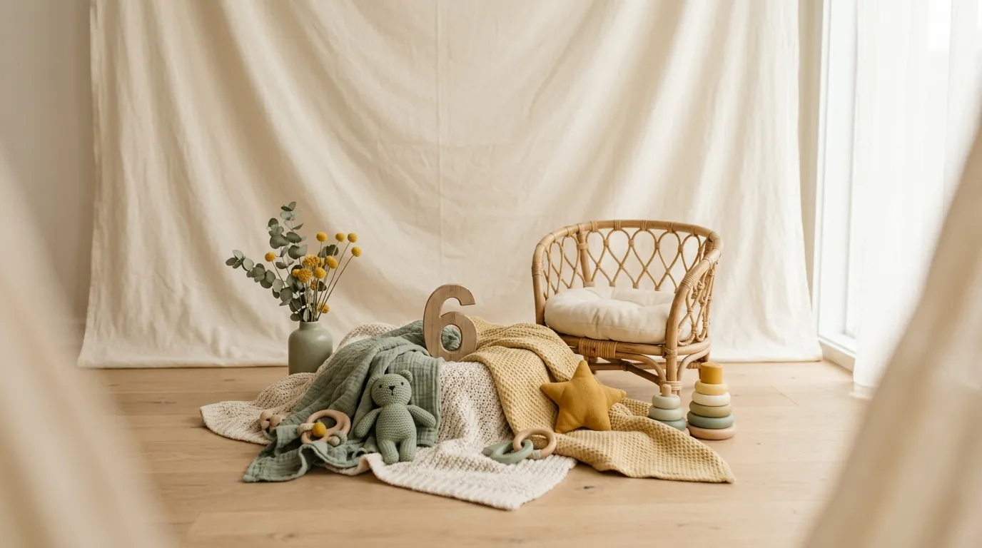 Half birthday decoration ideas with a cream backdrop, number six prop and sage and yellow accents