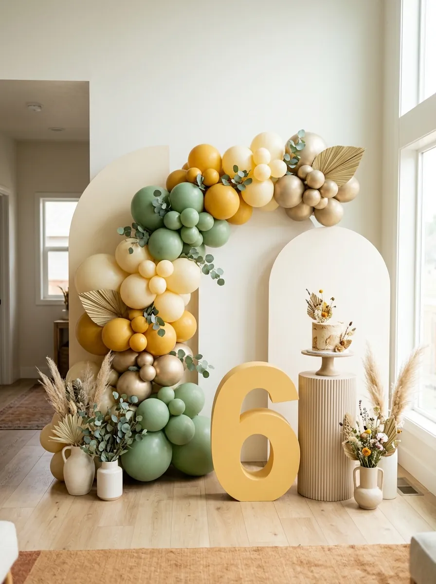 Half birthday decoration ideas with a balloon cluster and milestone cake table