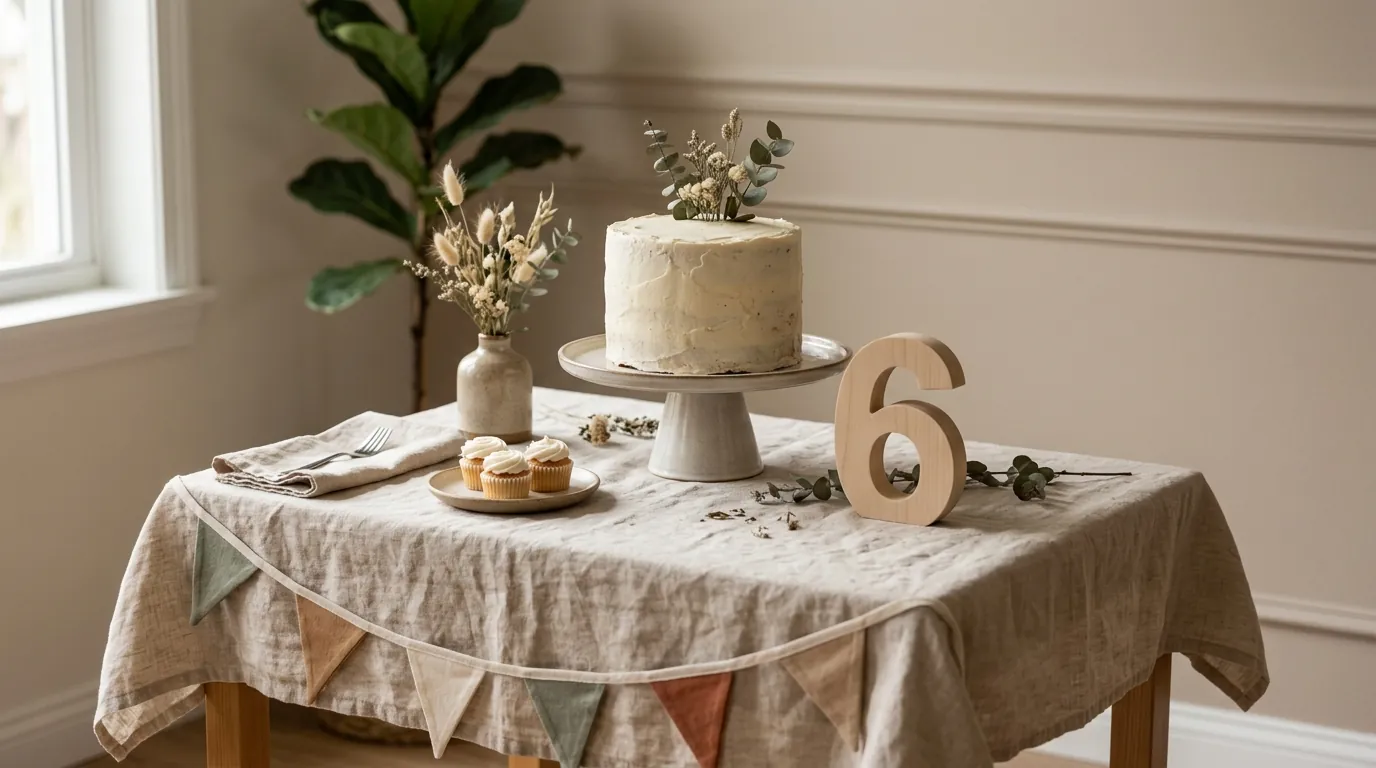 Half birthday dessert table with a simple cake, cake stand and number six decoration