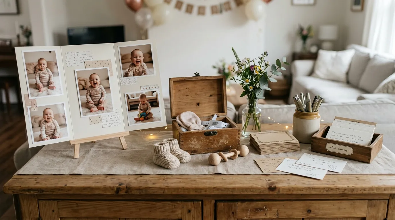 Half birthday memory station with wish cards, a keepsake box and photo display