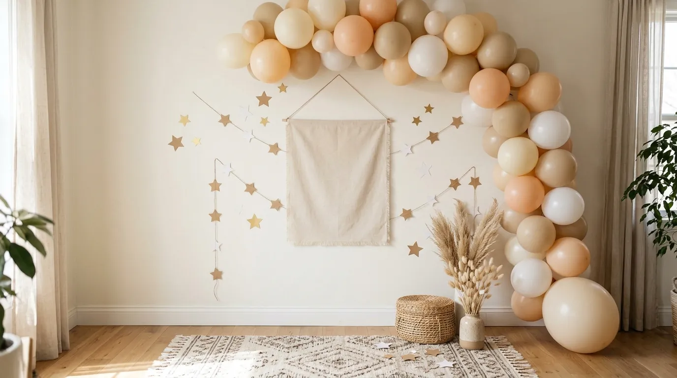 Halfway to one backdrop with a blank banner, paper stars and gentle balloons