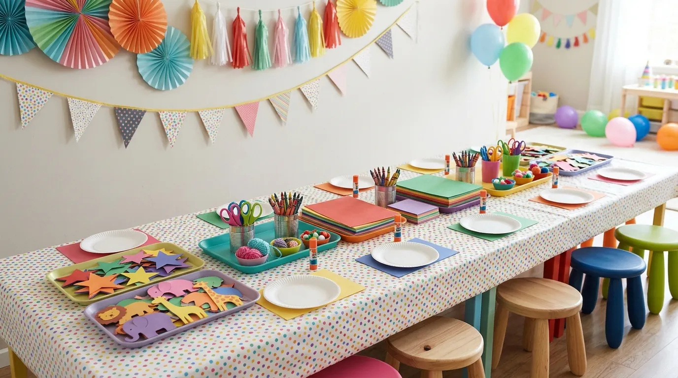 Kids' birthday craft station with crayons, colored paper, and craft supplies