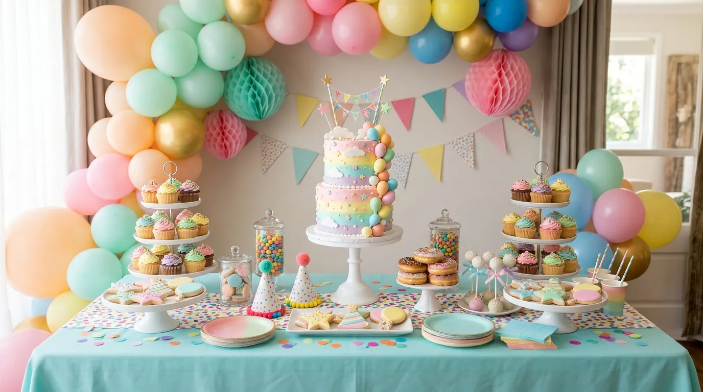 Kids' birthday dessert table with a decorated cake, cupcakes, and themed cookies