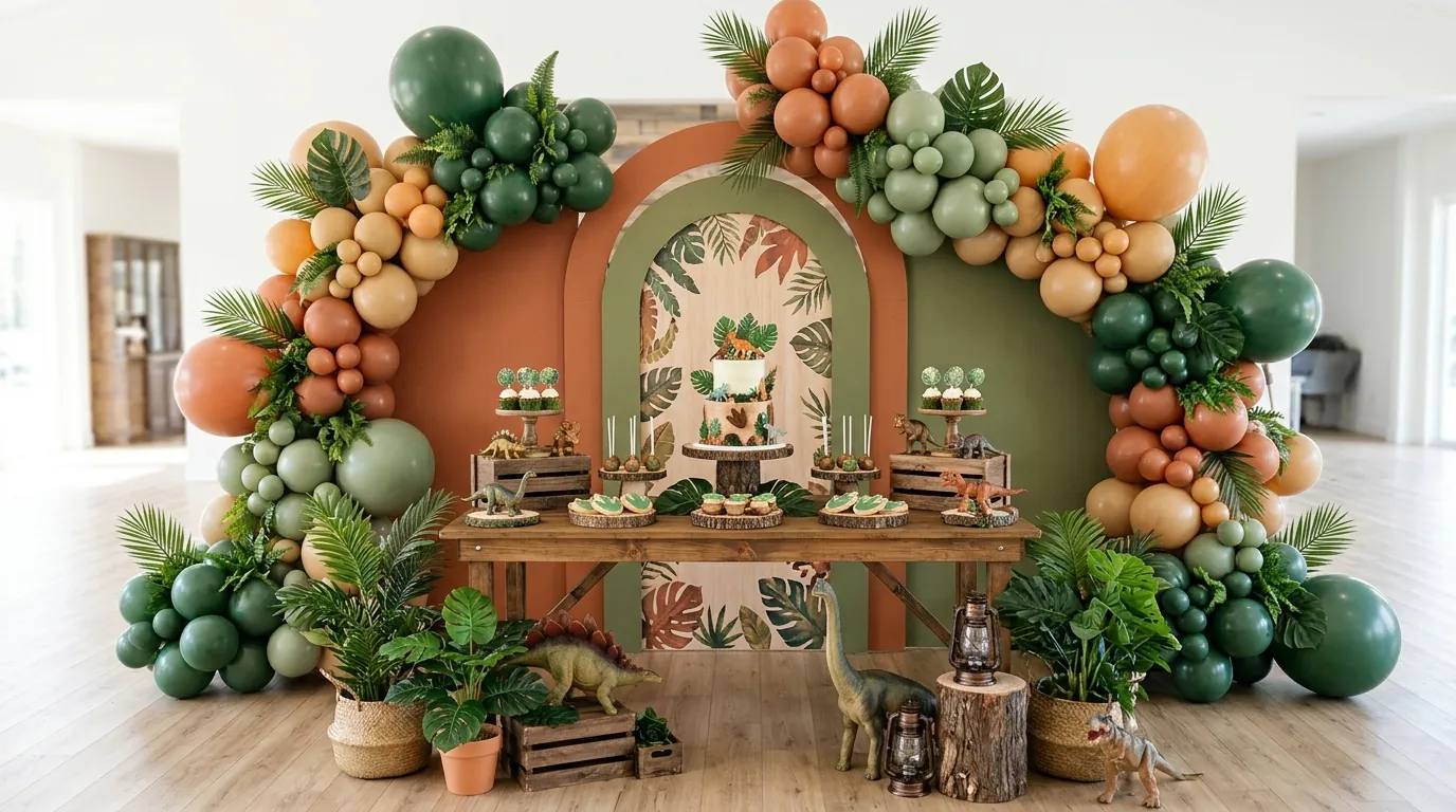 Dinosaur-themed kids' birthday party decorations with tropical leaves and a green balloon garland