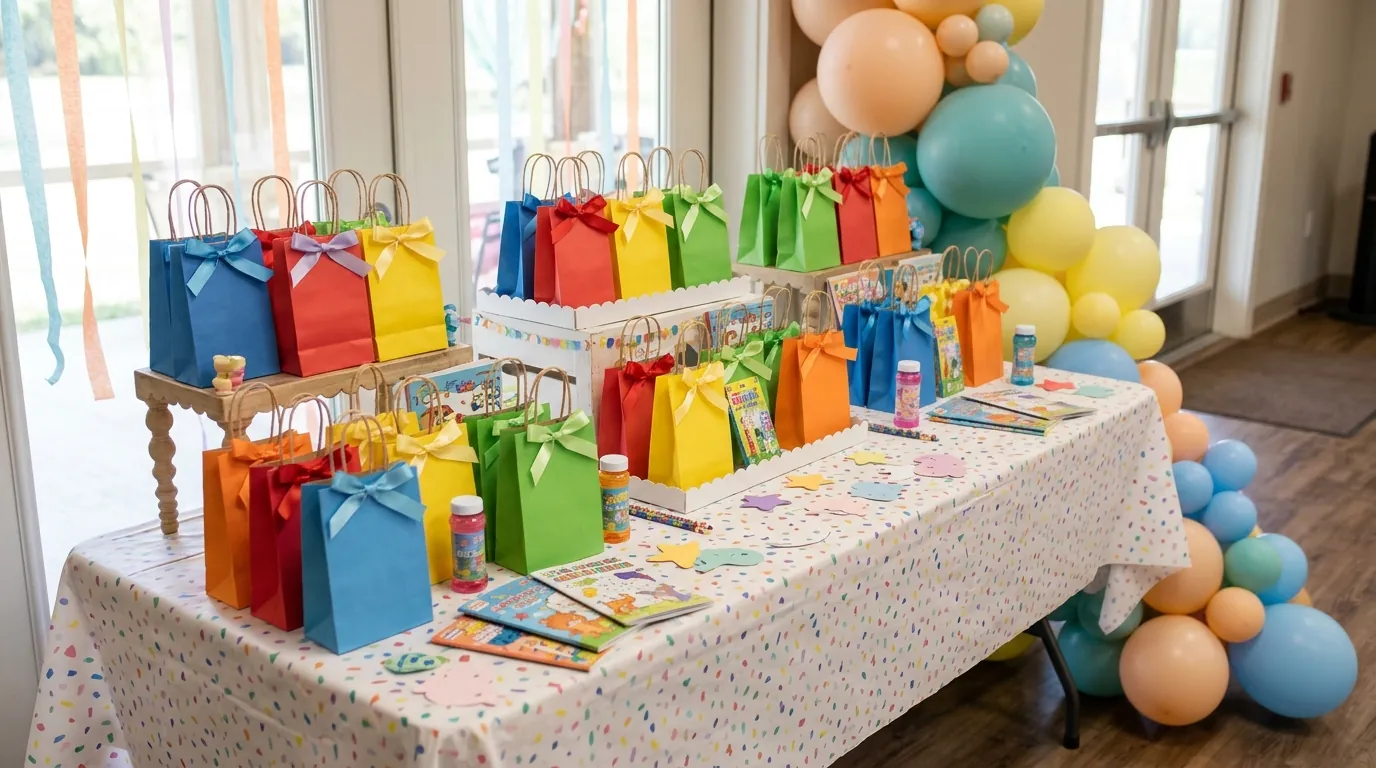 Kids' birthday party favor table with colorful favor bags and balloon accents