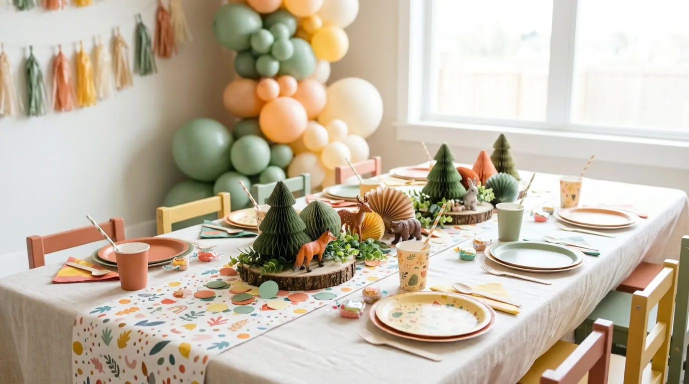 Kids' birthday party guest table with coordinated plates, cups, and a themed centerpiece