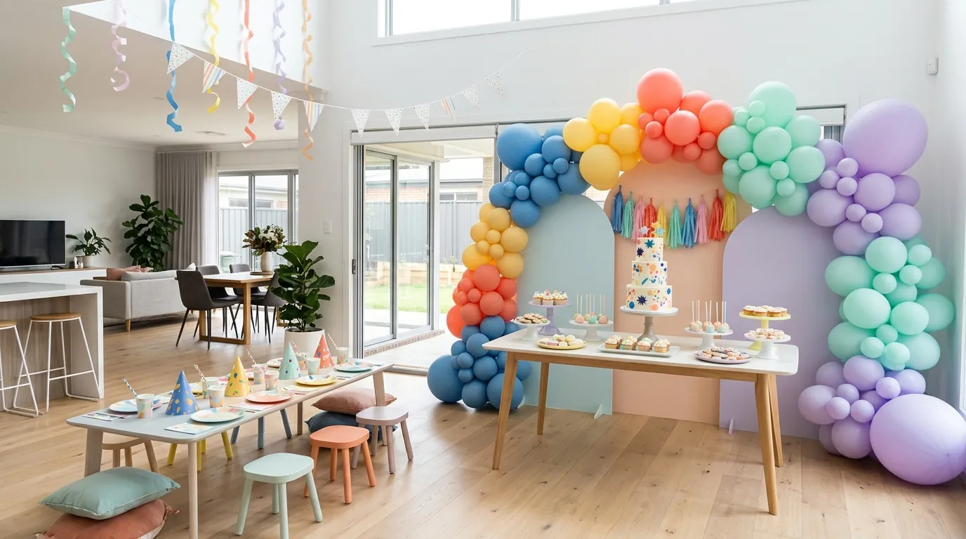 Kids' birthday party decoration ideas with a colorful balloon garland and festive cake table