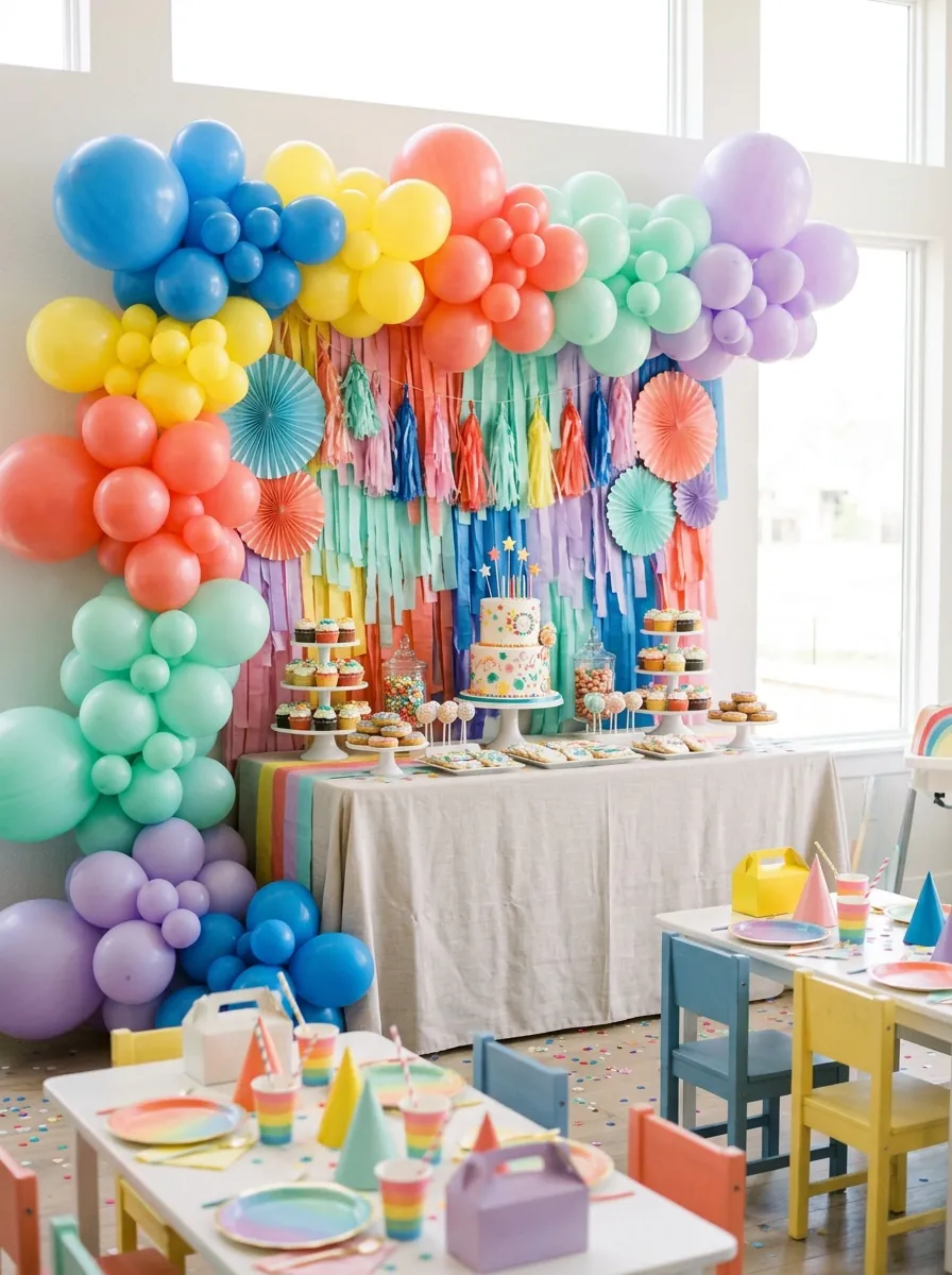 Kids' birthday party decoration ideas with a colorful balloon garland and cake table