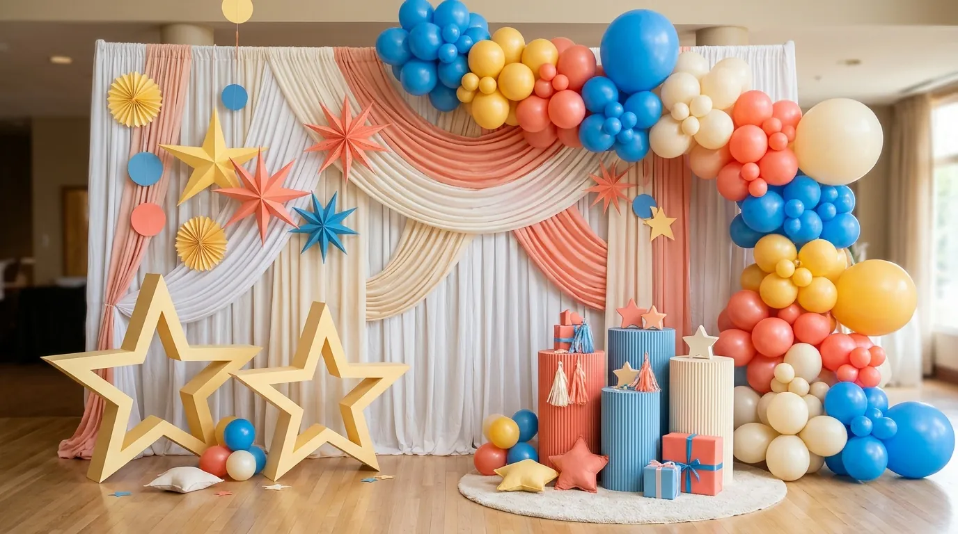 Kids' birthday party photo backdrop with a star display and colorful balloon garland
