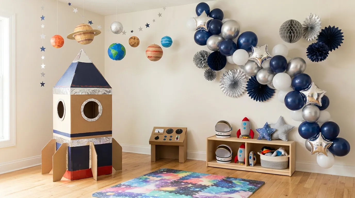 Kids' birthday play corner with a cardboard rocket and space decorations