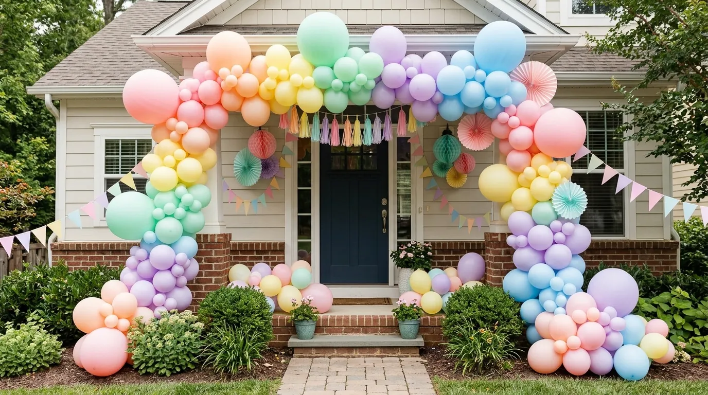 Kids' birthday party entrance with a rainbow balloon arch and pastel decorations