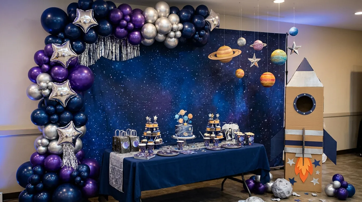Space-themed kids' birthday party decorations with navy balloons and planet props