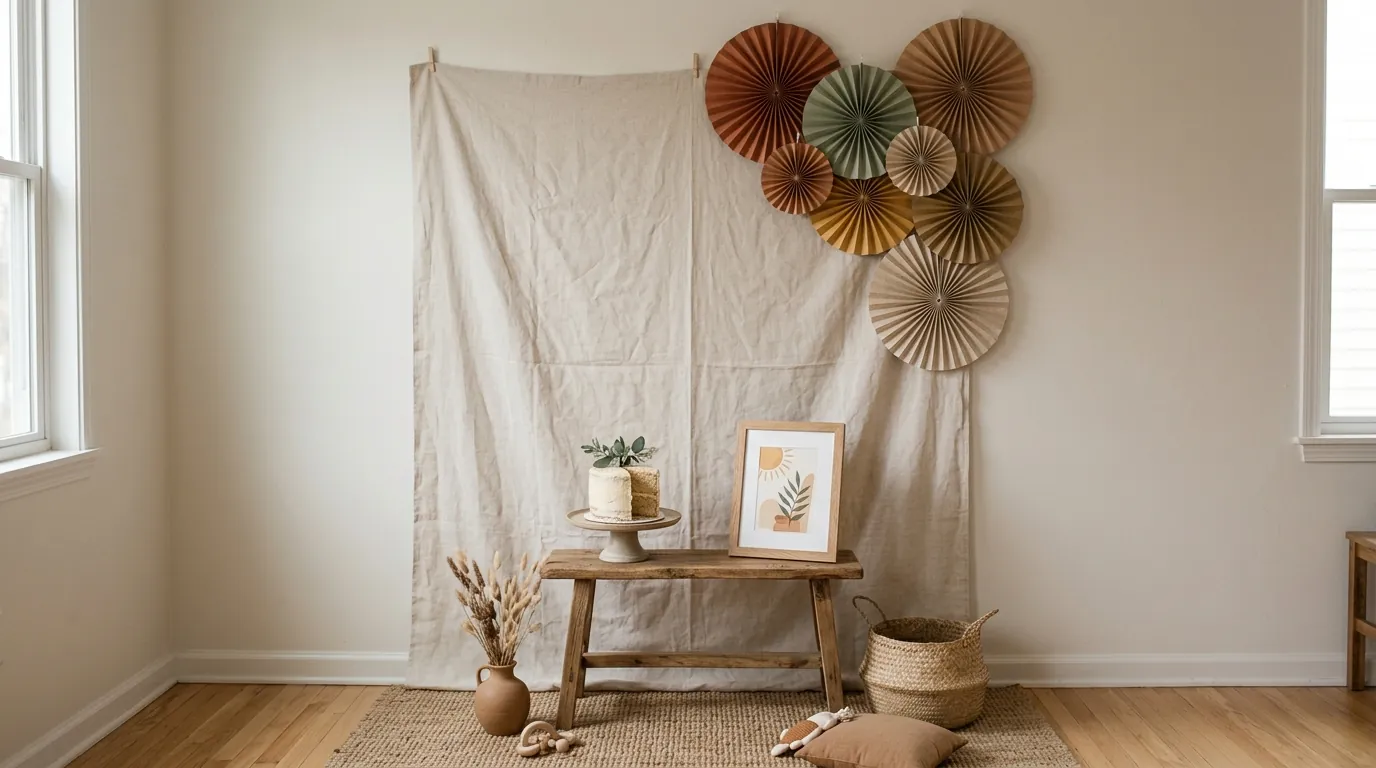 Minimal half birthday home setup with a fabric backdrop, framed sign and cake stand