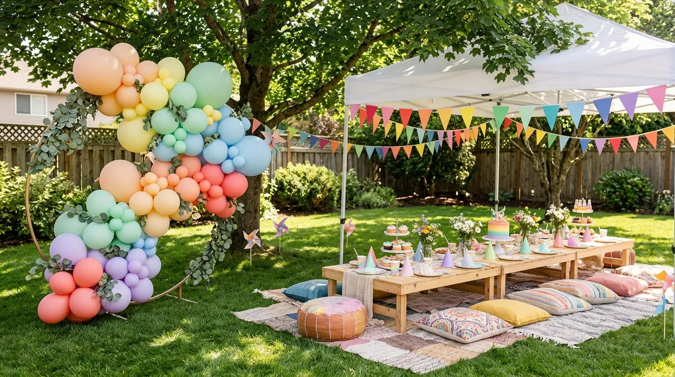 Outdoor fifth birthday party setup with a balloon garland, bunting, and picnic seating