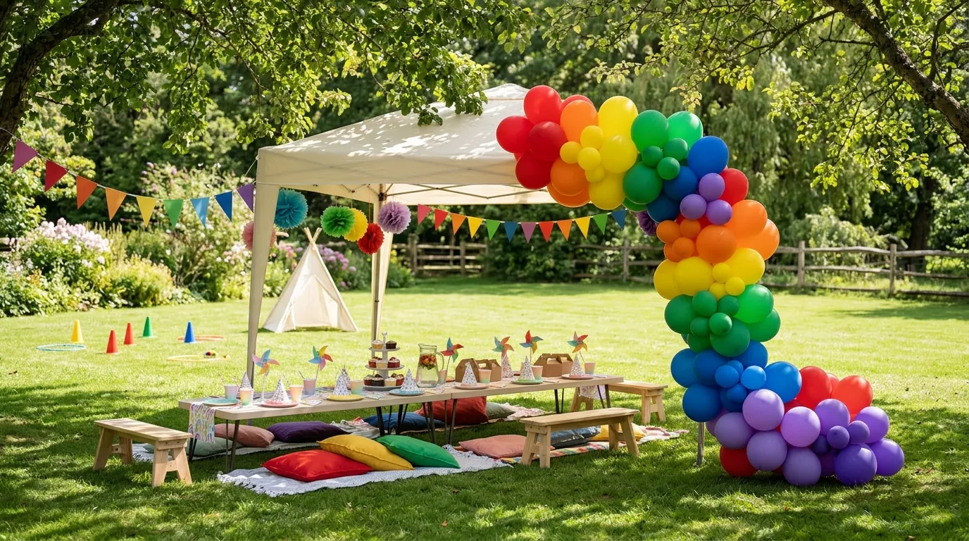 Outdoor kids' birthday party setup with a balloon garland and picnic seating in a backyard