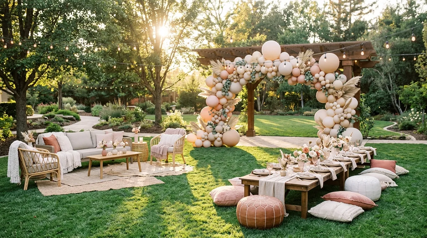 Outdoor teen birthday party in a backyard at golden hour with string lights and lounge seating