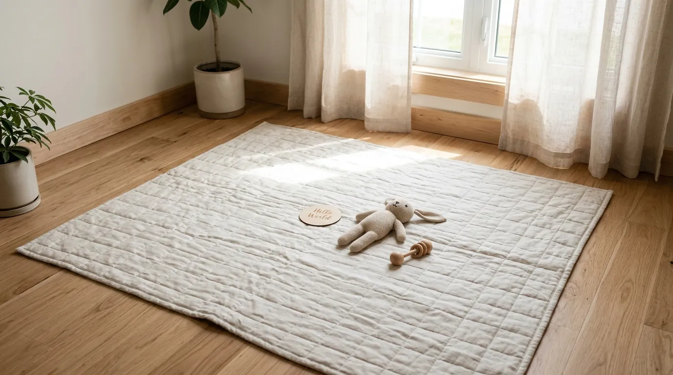 Safe baby photo area on a floor-level blanket near a window