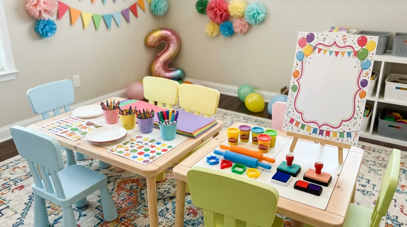 Second birthday activity corner with organized craft supplies and a themed sign