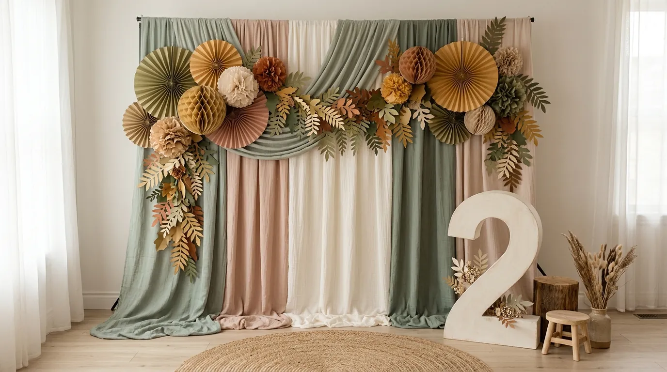 Second birthday backdrop with a fabric panel, themed paper decorations and an age-number prop