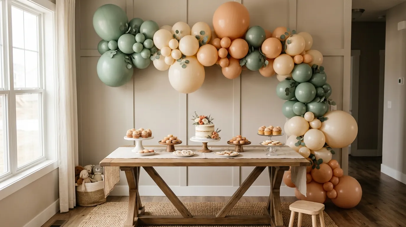 Second birthday balloon garland in three coordinated colors above a dessert table