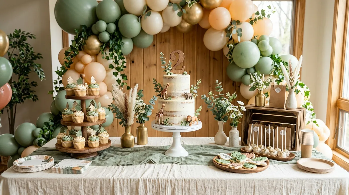 Second birthday cake table with a cake stand, cupcakes and themed accents