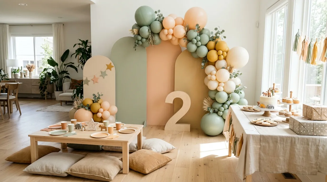Second birthday decoration ideas with a coordinated palette and tasteful balloon display
