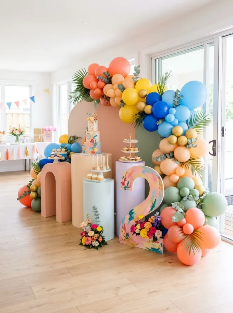 Second birthday decoration ideas with a balloon garland and cake table
