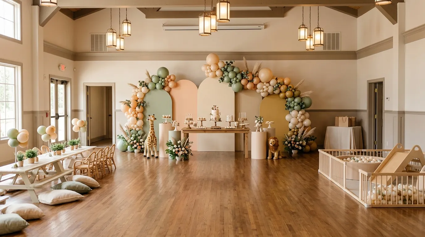 Full-room view of a coordinated second birthday celebration with backdrop and dessert table