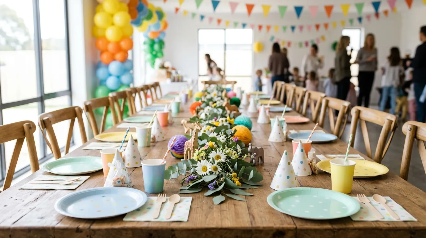Second birthday guest table with a low centerpiece, plates and napkins