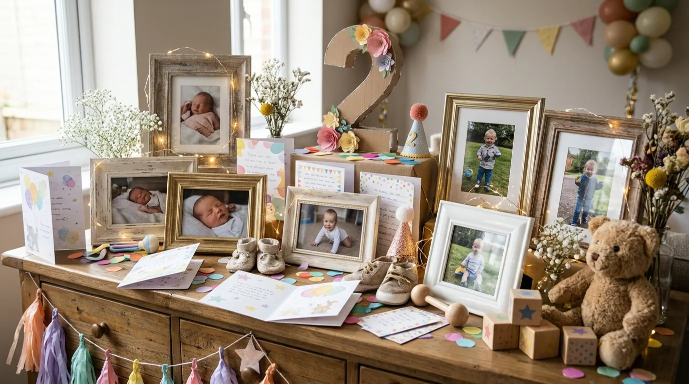 Personalized second birthday memory display with framed photos and keepsake cards