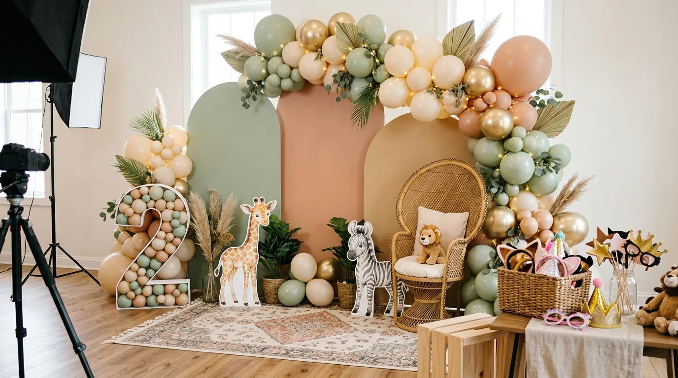 Second birthday photo booth with a backdrop, playful props and soft lighting