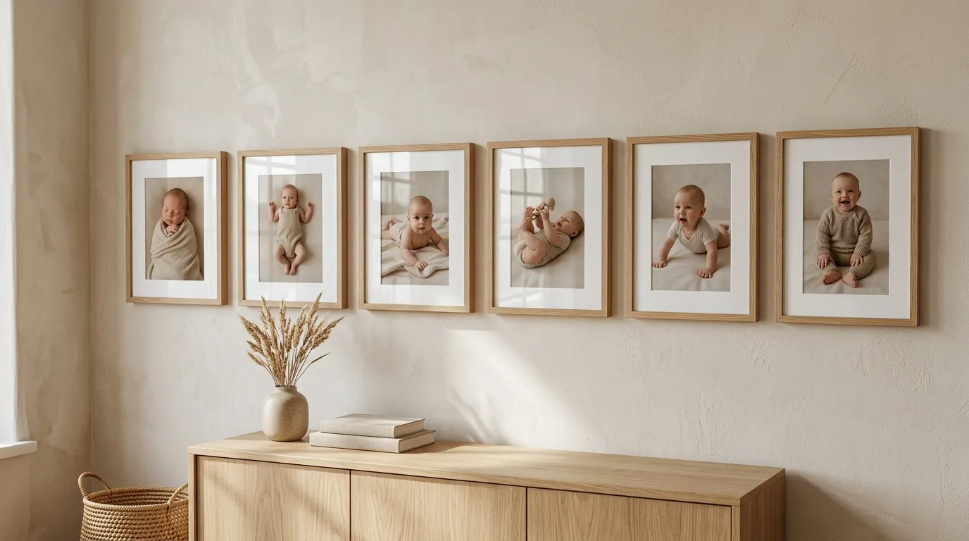 Six-month milestone photo timeline with six framed photos in window light