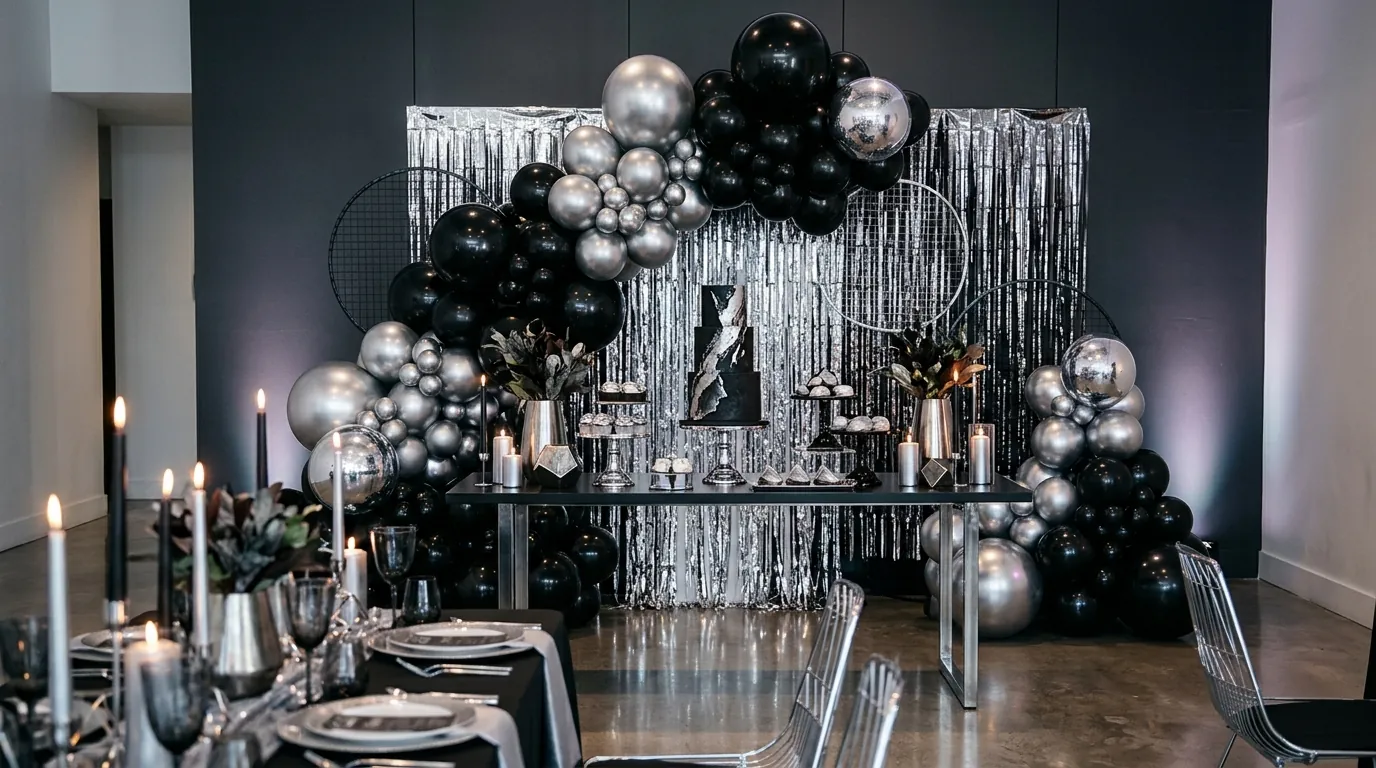 Modern teen birthday party decorations in black, silver, and chrome with a metallic fringe backdrop