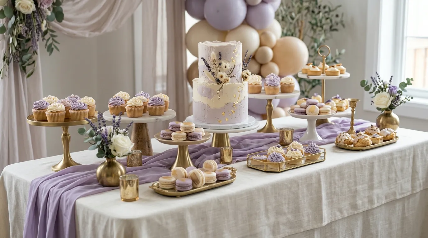 Sophisticated teen birthday dessert table with a modern cake, cupcakes, and pastries