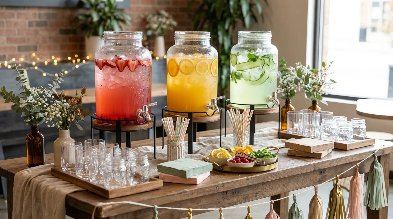 Café-inspired teen birthday drink station with beverage dispensers and glassware