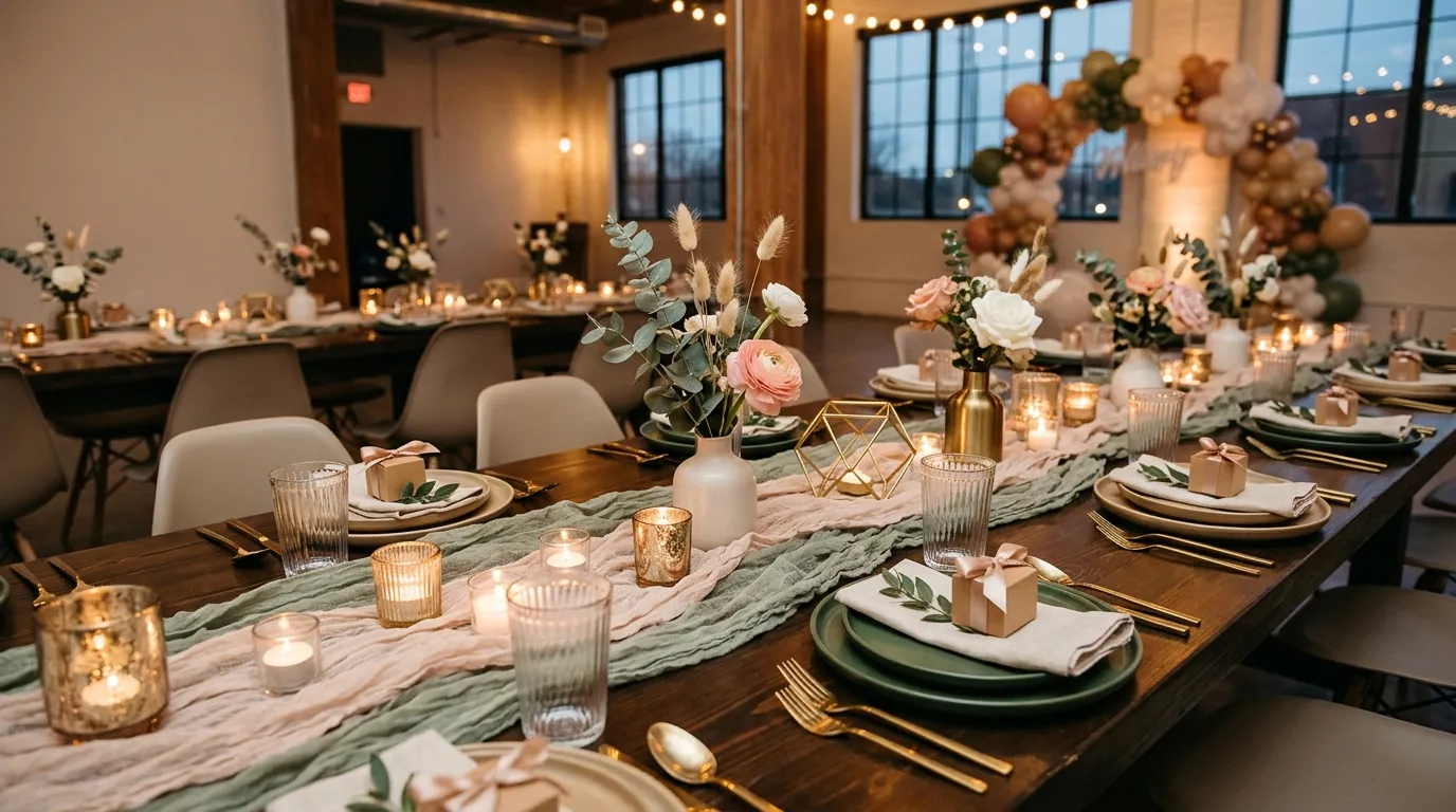 Teen birthday party guest table with modern tableware, a sculptural centerpiece, and floral arrangement