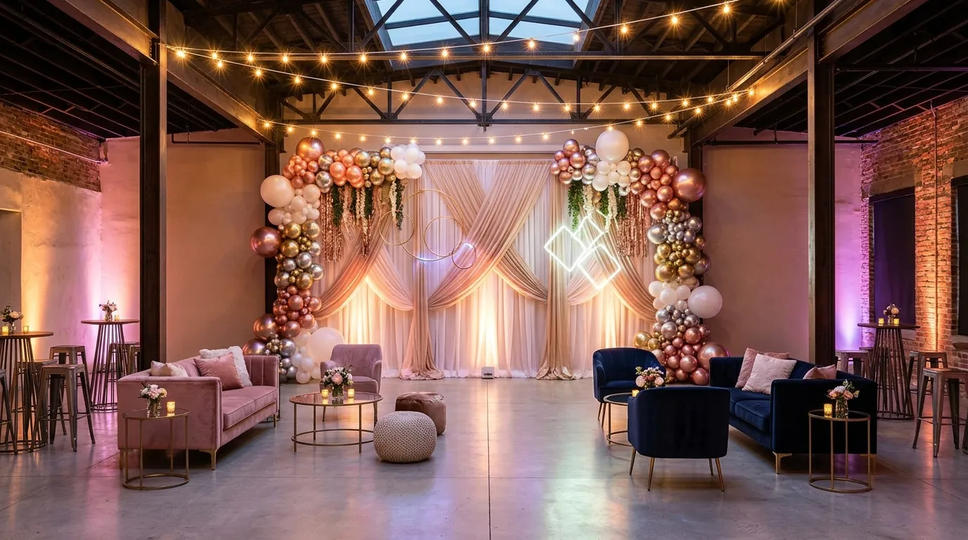 Teen birthday party venue with string lights, LED accent lighting, and metallic balloon clusters