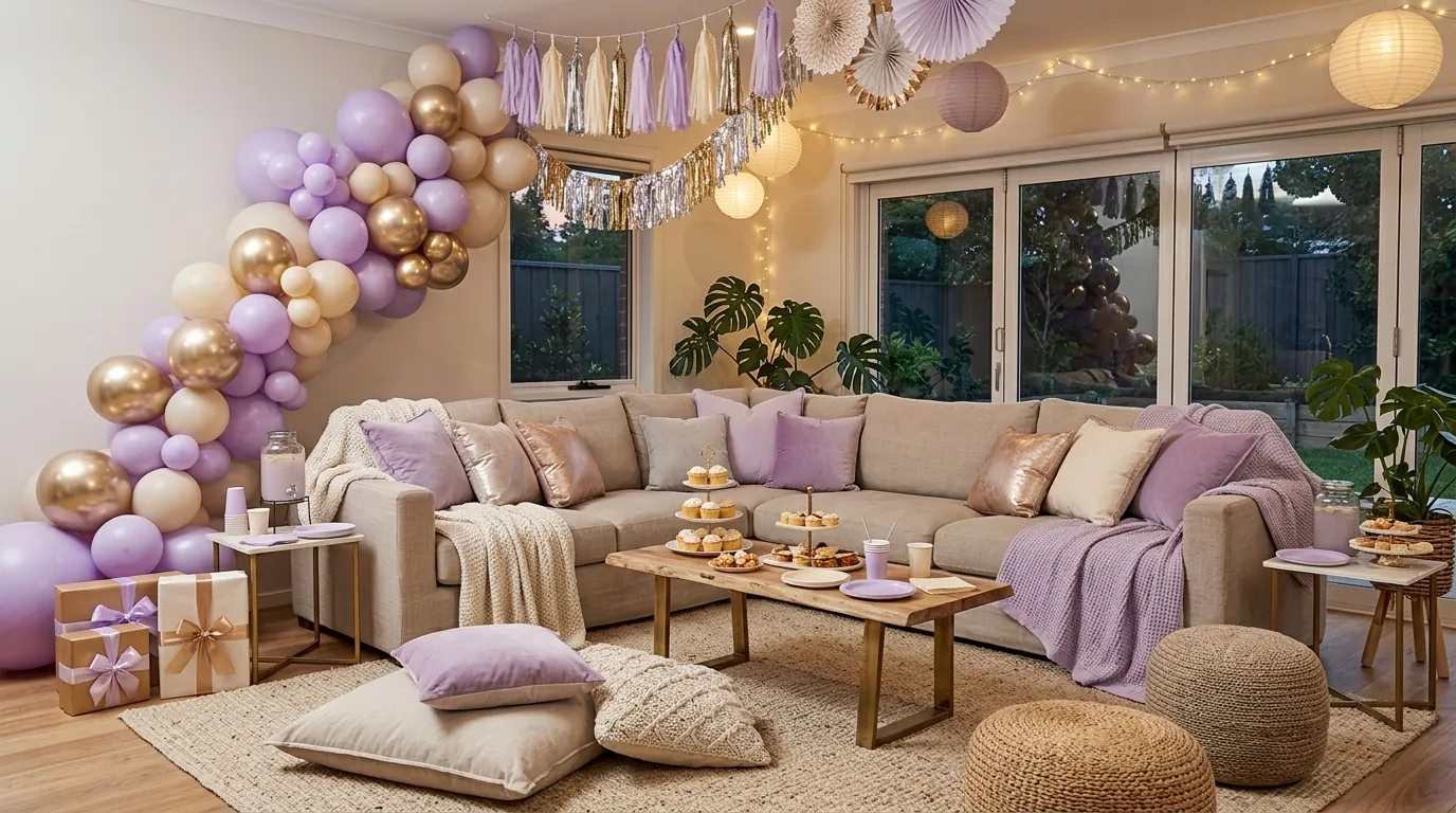 Teen birthday party lounge area with comfortable seating, cushions, and string lighting