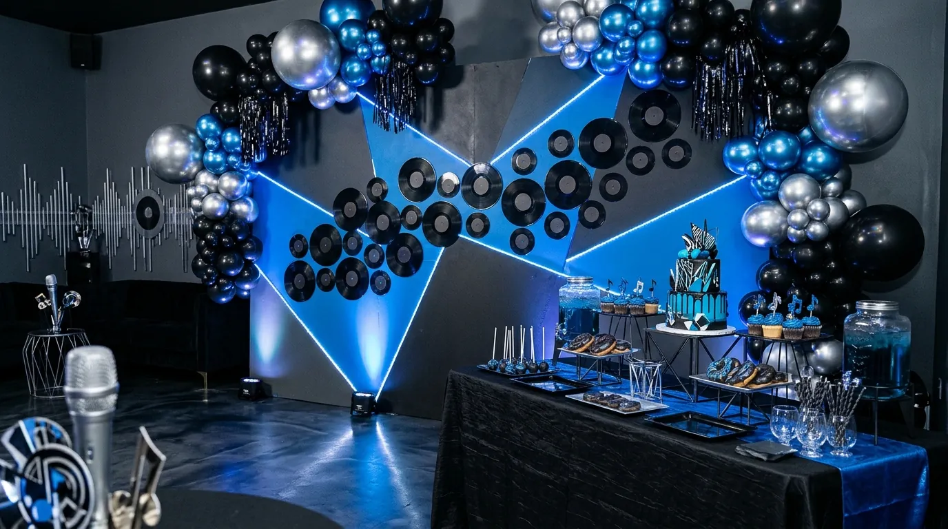 Music-inspired teen birthday party decorations with records and LED lighting