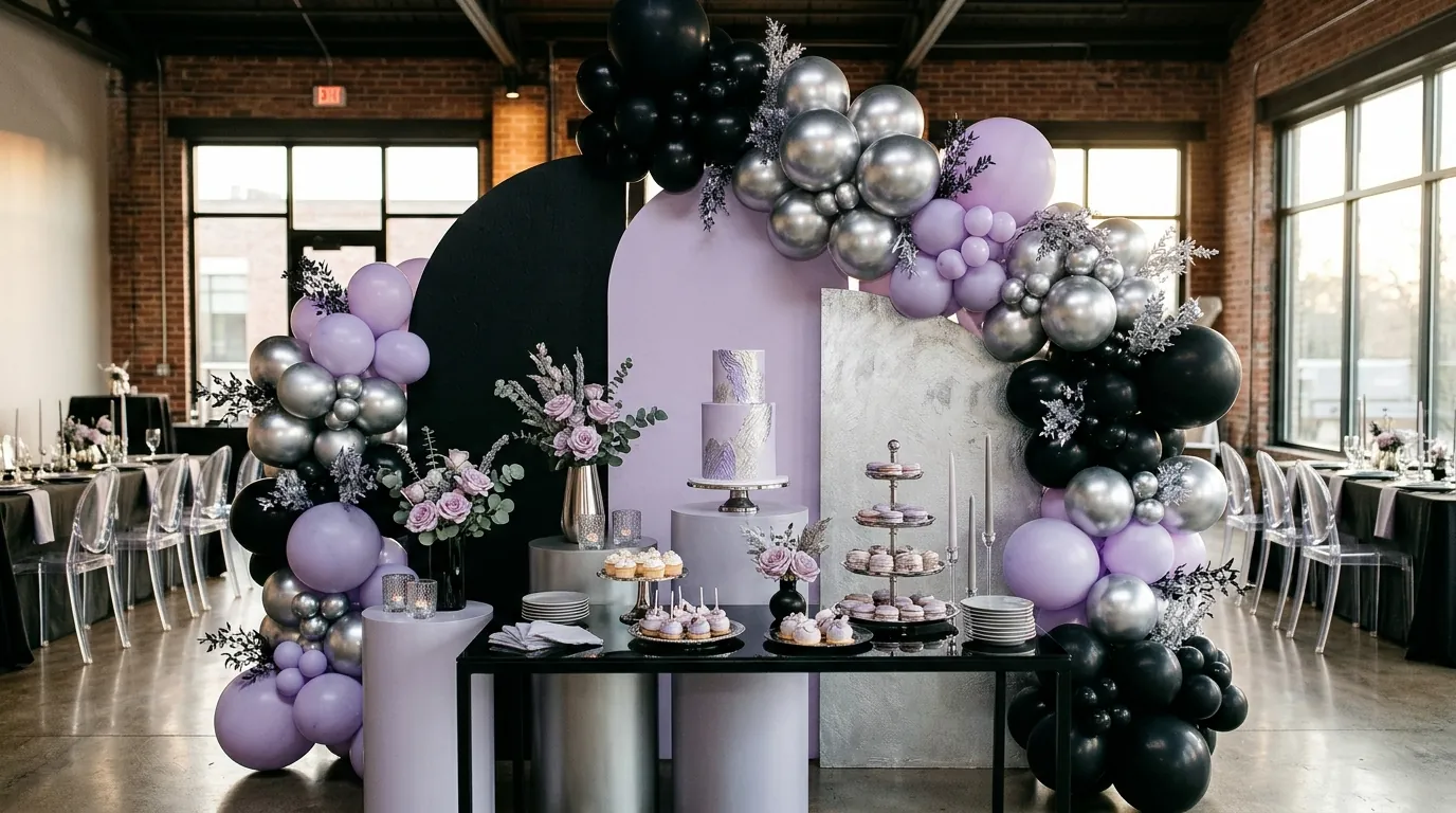Teen birthday party decoration ideas with black, silver, and lavender balloons and a modern dessert table